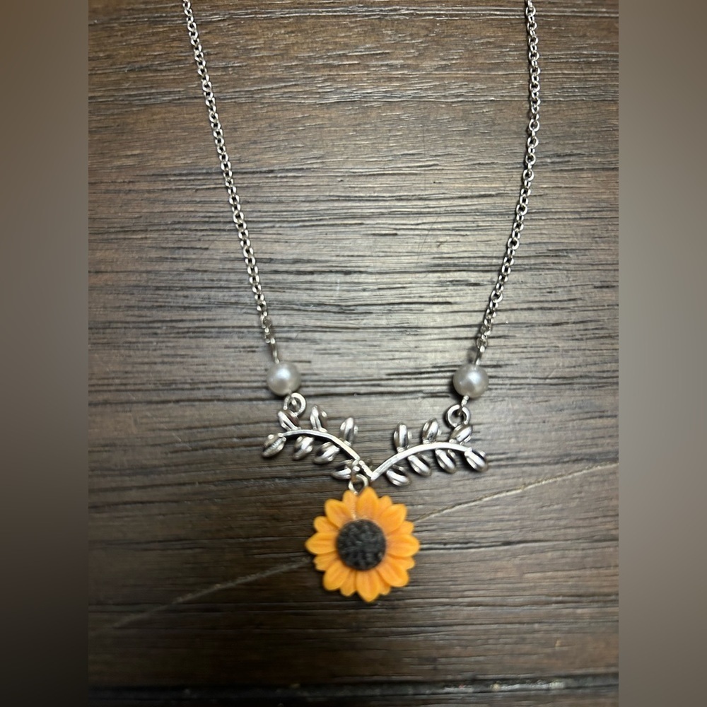 Sunflower Pendant Necklace in Silver and Orange - Picture 2 of 3
